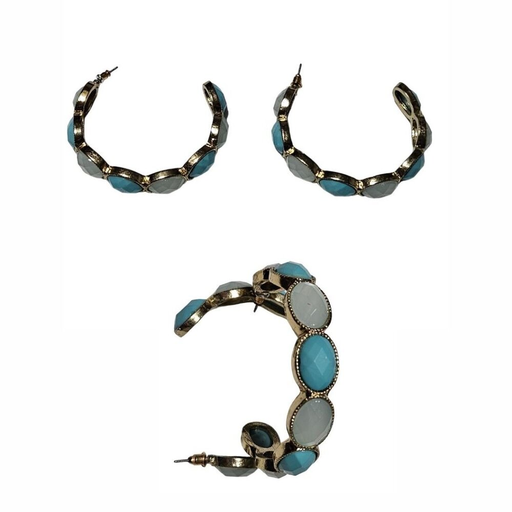 Vintage Blue White Gem Gold Tone Hoop Earrings Retro 50s 60s Fashion Jewelry